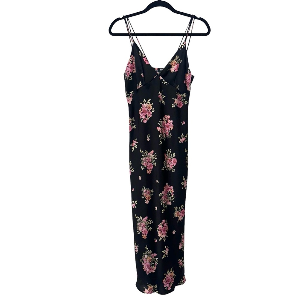 Zara black and pink floral bias cut spaghetti strap slip dress S EUC